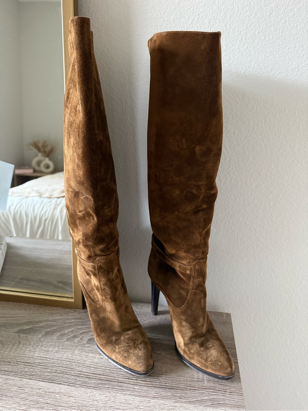 Yves Saint Laurent Camel Suede Knee-High Stiletto Boot - Picture 3 of 5